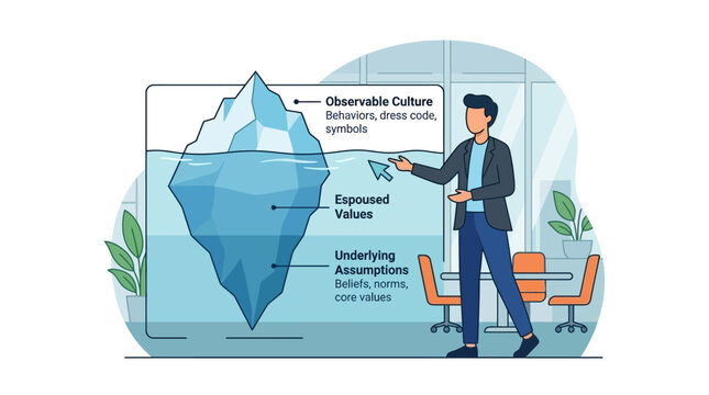 Flat illustration of a businessman presenting an iceberg model for organizational culture, detailing observable behaviors, espoused values, and underlying assumptions in a modern office.