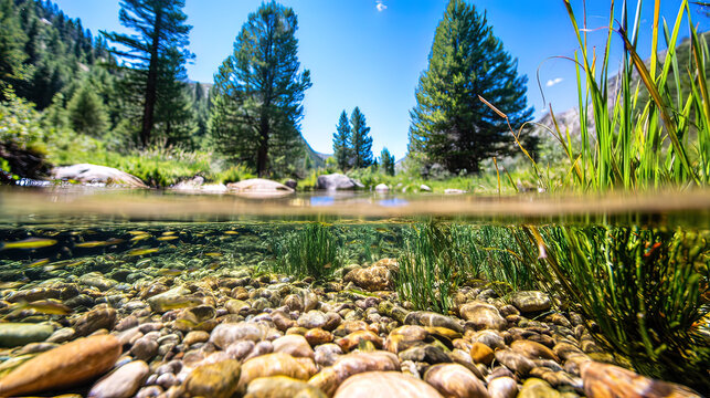 aperture. A clear mountain stream with smooth pebbles and small fish swimming. travel magazines, destination branding, designed for outdoor magazines and nature guides, used by graphic designers.
