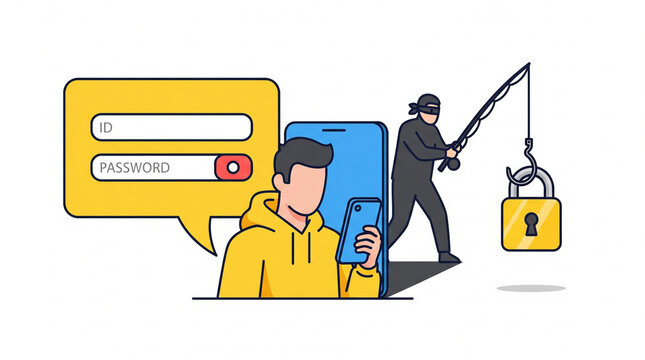 Cybercriminal uses a fishing rod to steal sensitive login credentials from an unsuspecting mobile phone user in this digital security concept illustration.