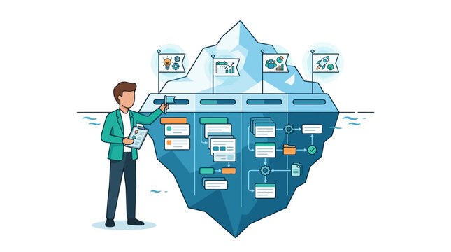 Flat vector illustration of a faceless businessman analyzing a large iceberg metaphor showing visible project outcomes above water and complex backend workflows and logic below.