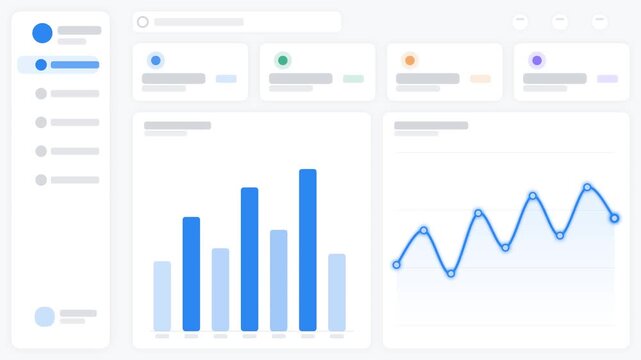 Animated business dashboard user interface with blue accent color scheme featuring sidebar menu, growth bar charts, and rising line graph indicators on white background.