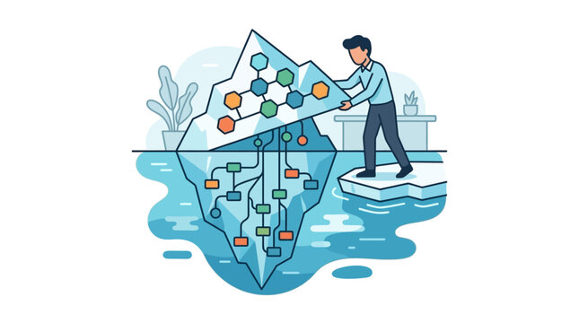 Flat vector illustration of a man lifting the tip of an iceberg to reveal complex data nodes and circuit connections below the surface, representing deep learning and hidden insights.