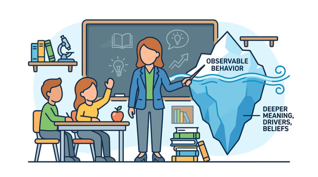 Flat vector illustration of a teacher pointing to an iceberg diagram representing observable behavior versus deep internal drivers in a classroom with two students at a desk.