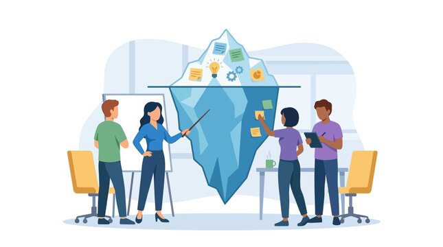 Flat vector illustration of a diverse business team analyzing an iceberg metaphor in an office, symbolizing hidden potential, underlying issues, and strategic project management.