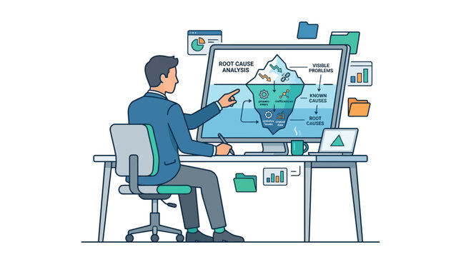 Flat illustration of a businessman in a blue suit sitting at a white desk, pointing at a large monitor displaying a root cause analysis iceberg diagram with data folders and bar charts.