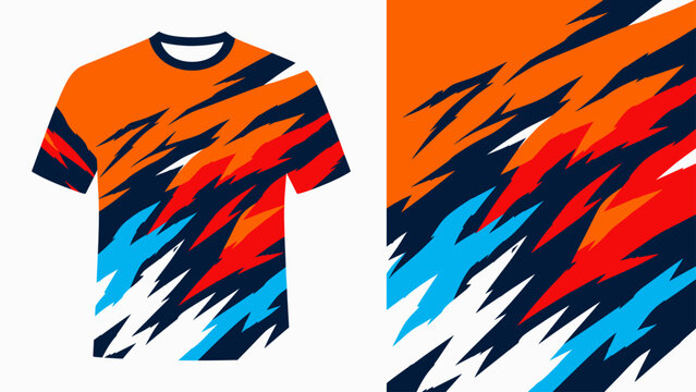 Bright abstract pattern t-shirt with orange, blue, and black brush stroke design.