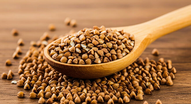 Roasted Buckwheat Groats in a Wooden Spoon on Wooden Background
