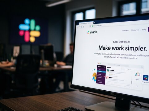 Professional Close-Up of the Slack Website on a Dell Computer Monitor in a Modern Office for Team Communication and Collaboration | Business Software Platform Interface and Workspace Mockup View