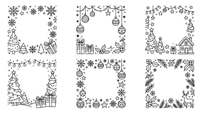 A set of six Christmas themed borders with doodle frames and decorative elements.