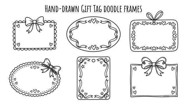 Hand-drawn gift tag doodle frames with borders and bows