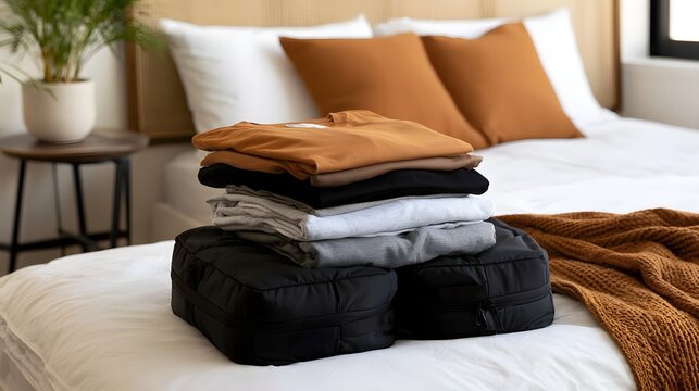 Neatly folded clothes stacked on black packing cubes resting on a made bed with pillows and blanket