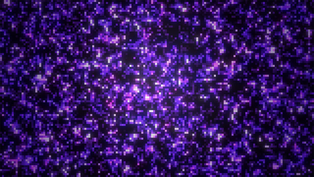 Purple glowing LED dot mosaic background with square pixels, sparkling digital lights 4K