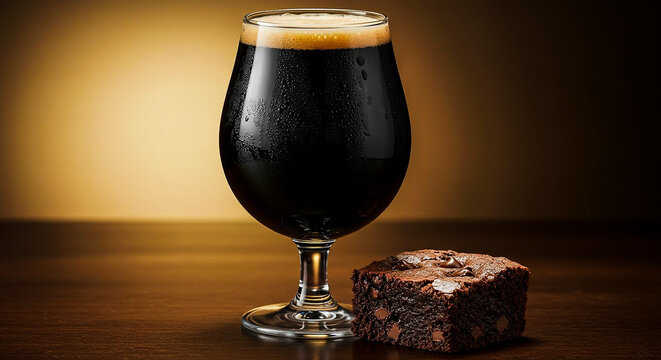 Dark stout beer in a glass paired with a chocolate brownie
