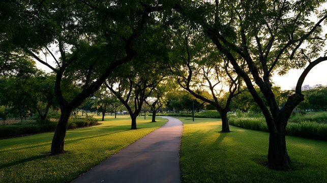A winding path through a lush green park lined with tall trees casting long shadows at golden hour