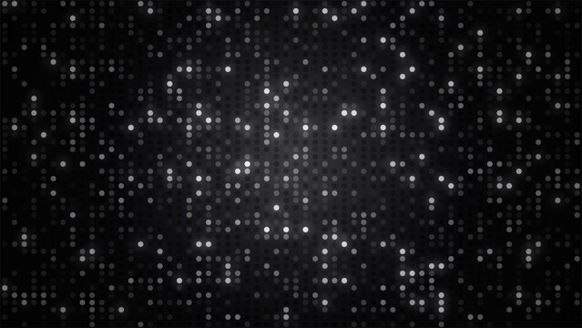 Monochrome glowing LED dot mosaic background with round dots, sparkling digital lights 4K