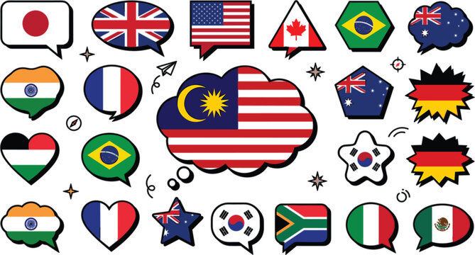 Collection of world flags inside creative comic speech bubble shapes