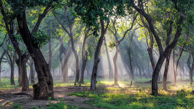 camphor. Sunlight filtering through a forest of camphor trees with visible light rays. travel magazines, destination branding, designed for travel destination branding, used by logistics managers.
