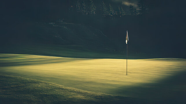 golf. Ancient golf course green glowing in morning light, manicured grass surface. event key visuals, club posters, designed for fitness apps and gym onboarding, used by fitness trainers.
