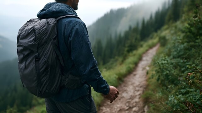 Hiker with backpack walks along narrow dirt trail through misty forested mountainside on overcast day