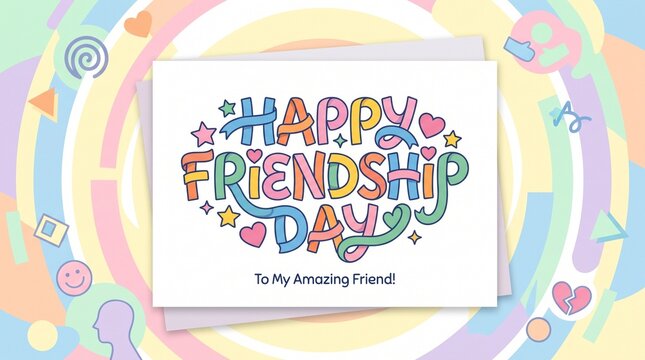 Happy Friendship Day greeting card with colorful typography and pastel background