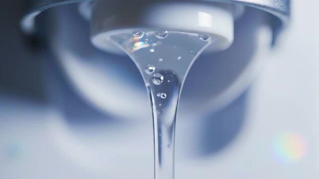 Clear water droplet forming and stretching from faucet nozzle, highdetail macro showing surface tension and tiny air bubbles, hygienic and plumbing inspection mood with crisp studio lighting