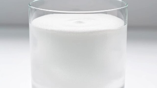 Fine white powder dissolving in clear liquid inside a glass beaker