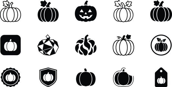 Set of black pumpkin icons for autumn harvest and halloween celebration designs