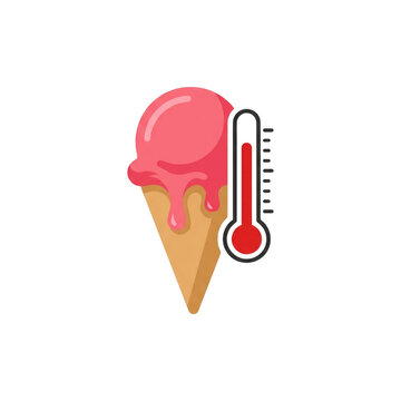 Melting strawberry ice cream cone next to a high temperature thermometer, illustrating summer heat