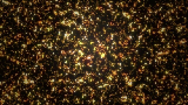 Gold glowing LED dot mosaic wall with square pixels, sparkling lights seamless loop animation 4K