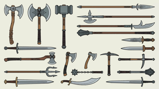 Comprehensive collection of medieval weaponry including a hatchet vector and various sharp battle axes swords maces and polearms for historical design projects