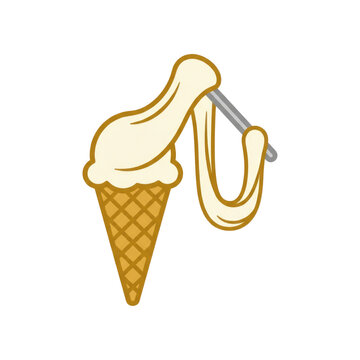 Melting vanilla ice cream scoop dripping from a waffle cone with a spoon dessert