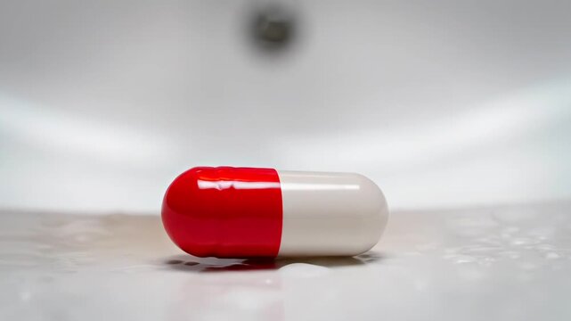 Prescription capsule falling from amber medicine bottle into sink macro scene, healthcare medication concept showing drug dosage, pharmacy treatment routine and pharmaceutical product