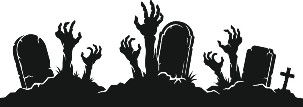 Black silhouette of zombie hands rising from a spooky graveyard with tombstones