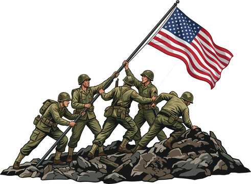 American Soldiers Raising Flag on Iwo Jima Vector Graphic for Veterans Day Memorial Day Fourth of July and Patriotic Military History Illustrations
