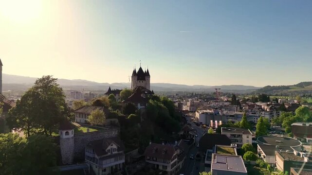 Beautiful views of Switzerland, a castle, and a sunny day.