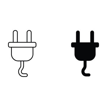 Black and white electrical plug icons with cords on transparent background