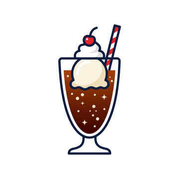 Retro stylized root beer float with ice cream scoop cherry and striped straw design