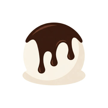 Scoop of vanilla ice cream dripping with rich dark chocolate syrup topping dessert
