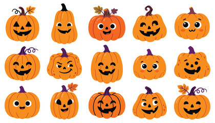 Naklejka premium Halloween pumpkins with various smiling faces