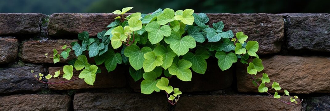 Bright lime green leaves trailing over stone wall closeup for botanical background and spring wallpaper or facade design