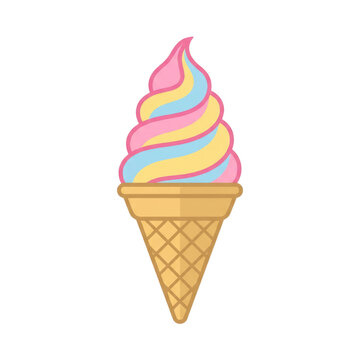 Swirled multicolored soft serve ice cream cone with pink outline, sweet dessert graphic element