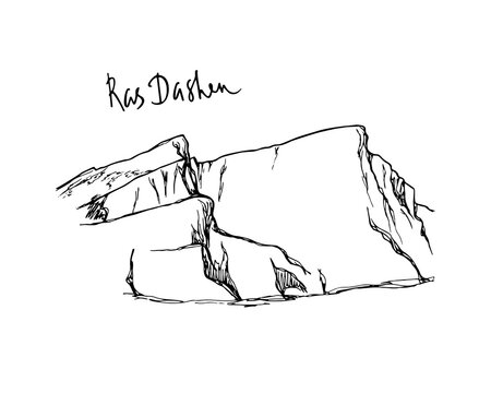 Vector card with hand drawn African peak Ras Dashen. Ink drawing, graphic style. Perfect for travel, sport or spiritual designs.