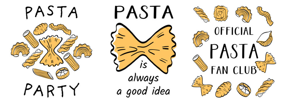 Stamp italian cooking vector illustration with pasta doodle icon. Food set for culinary theme penne italy sun. Frame farfalle menu rotini post postal fusilli mediterranean.