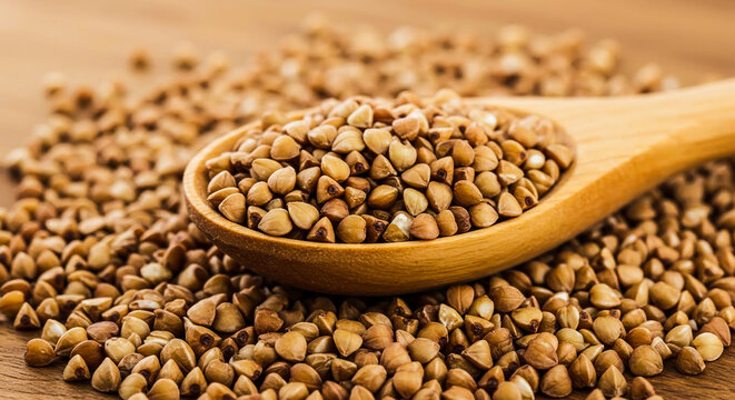 Raw Buckwheat Groats on a Wooden Spoon