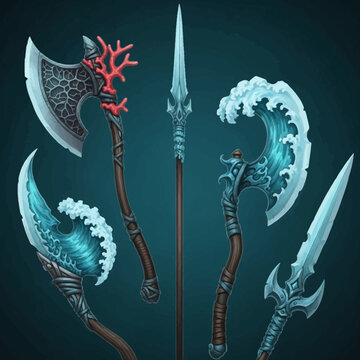 Collection of fantasy aquatic weaponry featuring a hatchet vector design inspired by oceanic themes with mystical blades and sea elements