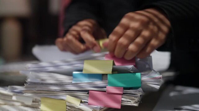 Close-Up of Office Employee Indexing Business Documents with Color Tabs for Records Management