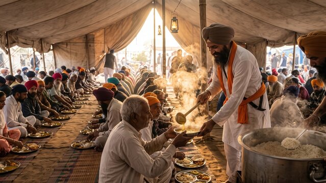 Langar Volunteers Serving Pilgrims with Compassion
