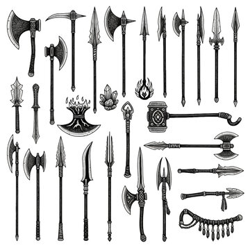 Medieval hatchet vector and ancient weapon collection featuring various historical battle axes spears and polearms in a detailed black and white engraving style