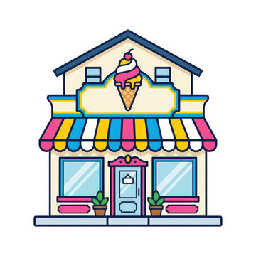 Colorful cartoon ice cream parlor storefront with large waffle cone sign and striped awning