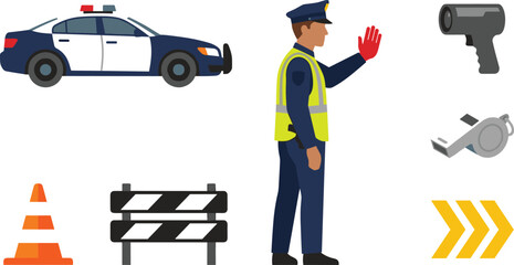 Police Traffic Control and Law Enforcement Vector Icon Set Featuring Patrol Car Officer Hand Signal Speed Gun Barrier and Whistle Elements © MdBelal
